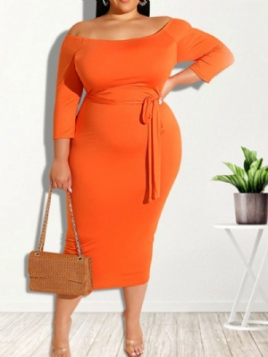 Vestido Com Cadarço Manga Nove Pontos Mid-Callf Regular Bodycon Plus Size