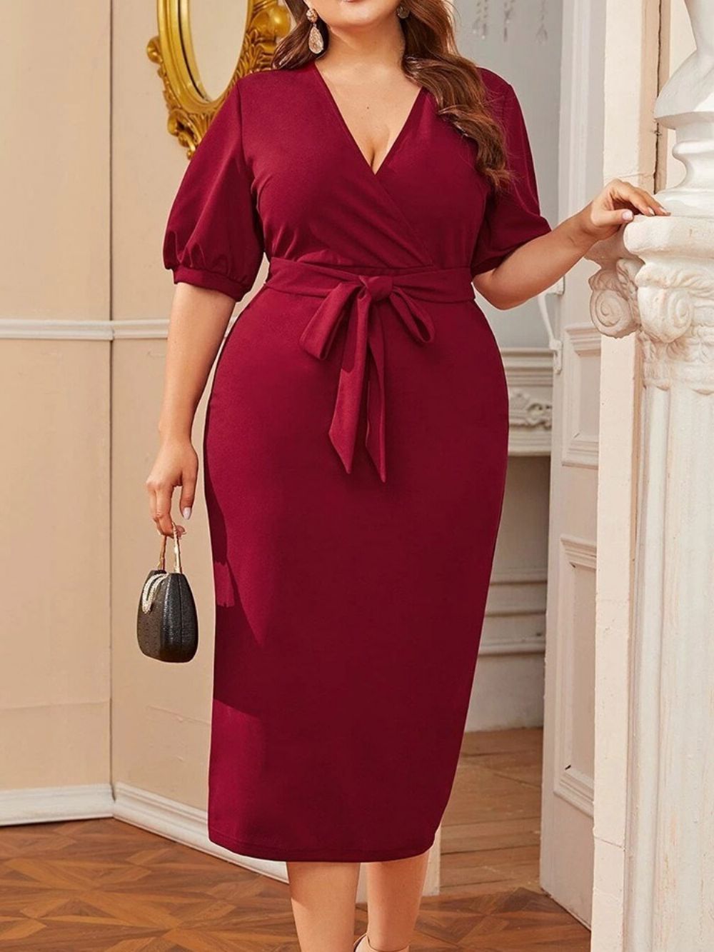 Vestido Com Decote Em V E Meia Manga Com Cadarço Liso Bodycon Plus Size