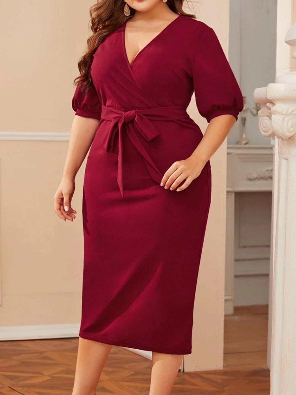 Vestido Com Decote Em V E Meia Manga Com Cadarço Liso Bodycon Plus Size