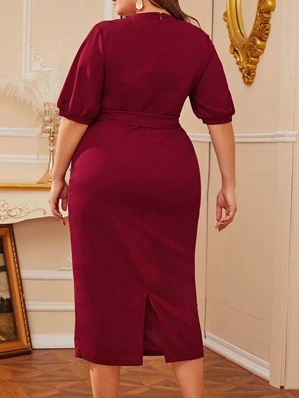 Vestido Com Decote Em V E Meia Manga Com Cadarço Liso Bodycon Plus Size