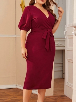 Vestido Com Decote Em V E Meia Manga Com Cadarço Liso Bodycon Plus Size