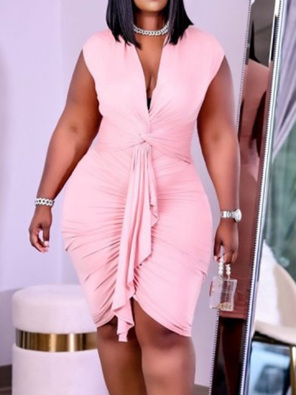 Vestido Com Gola Em V Manga Curta Na Altura Do Joelho Ocidental Bodycon Plus Size