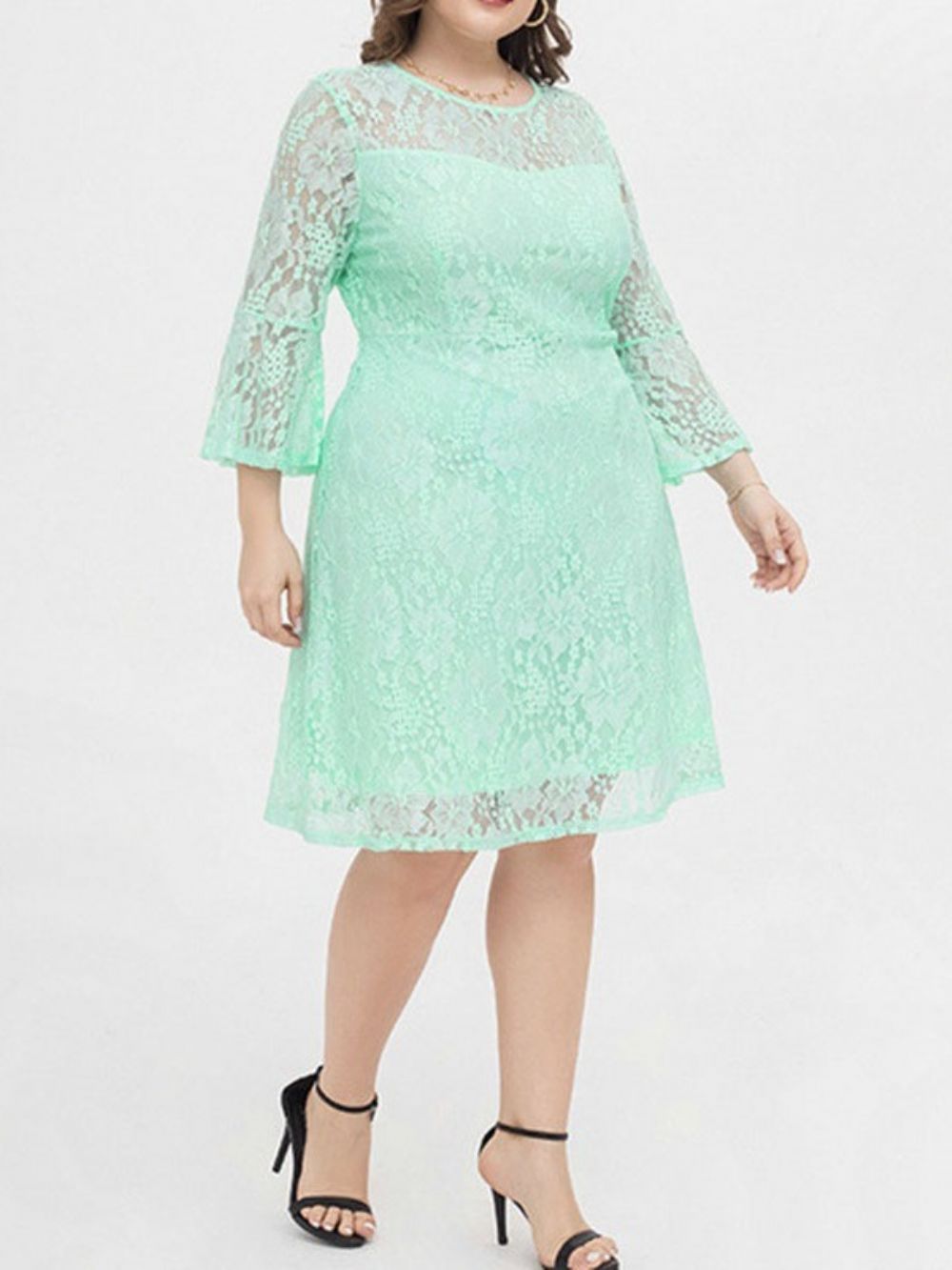 Vestido Com Gola Redonda Na Altura Do Joelho Manga Nove Pontos Moda Bodycon Plus Size