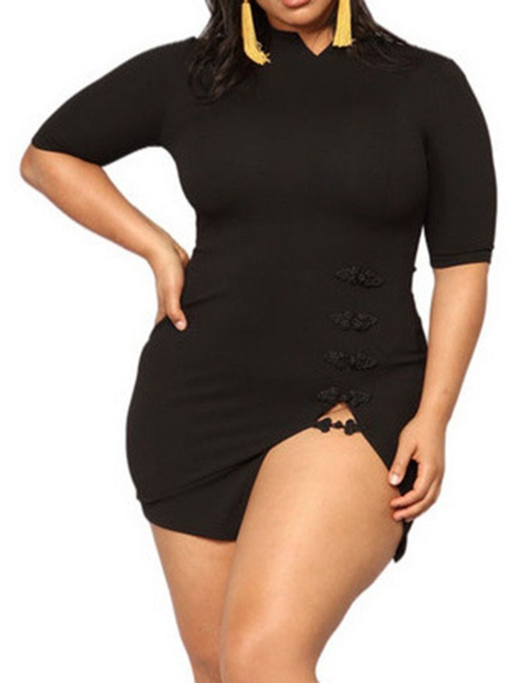 Vestido Coreano Liso Plus Size Dividido Acima Do Joelho