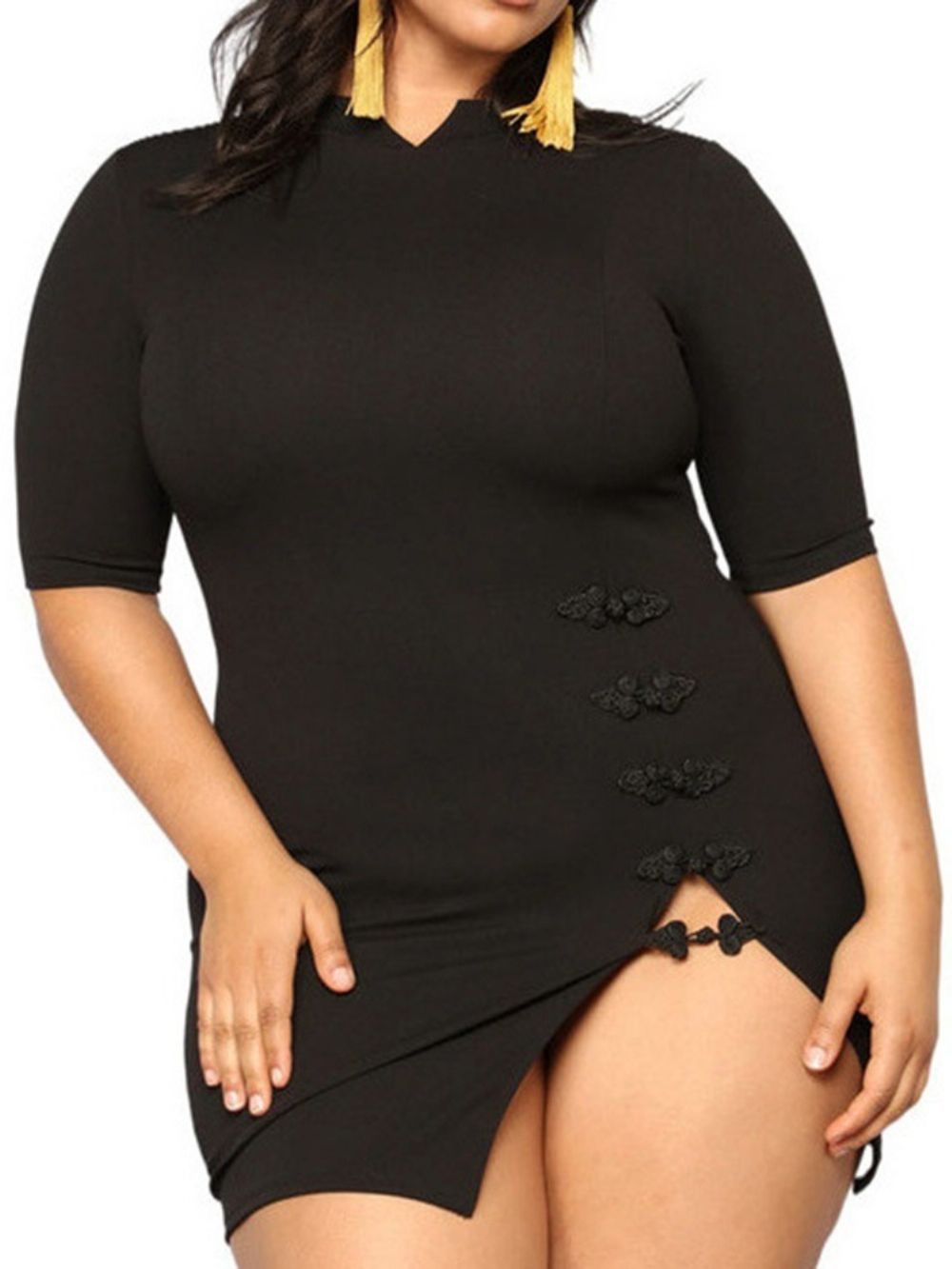 Vestido Coreano Liso Plus Size Dividido Acima Do Joelho