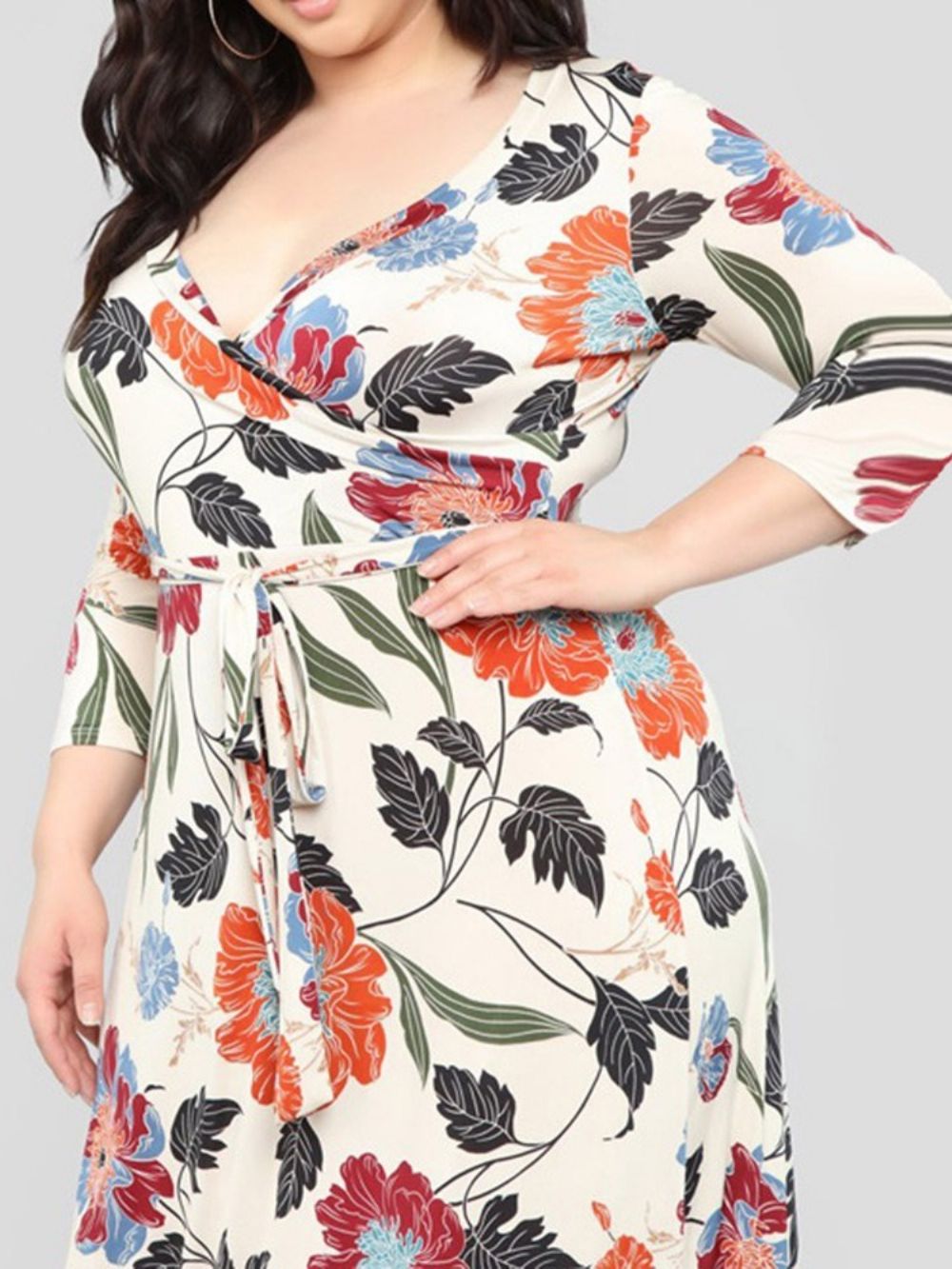 Vestido Estampado Com Decote Em V Até O Chão Floral Maxi Tamanho Grande