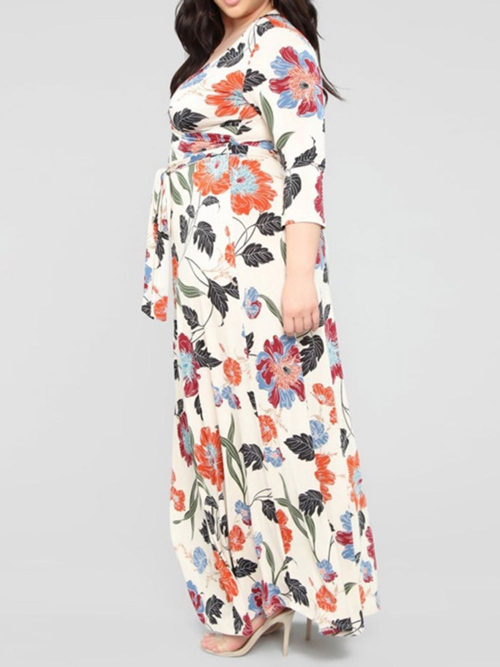 Vestido Estampado Com Decote Em V Até O Chão Floral Maxi Tamanho Grande