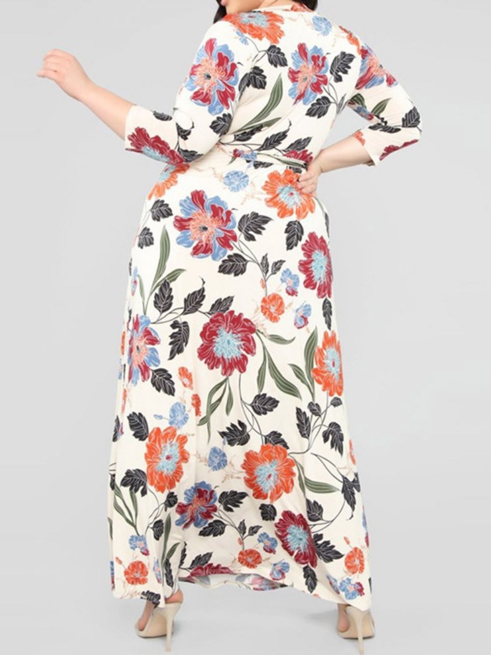 Vestido Estampado Com Decote Em V Até O Chão Floral Maxi Tamanho Grande