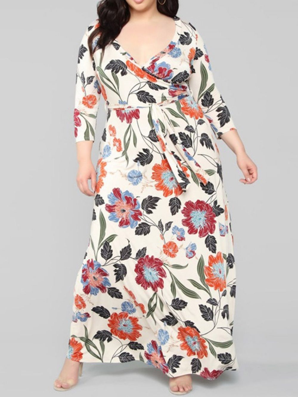 Vestido Estampado Com Decote Em V Até O Chão Floral Maxi Tamanho Grande