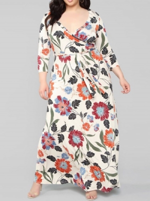 Vestido Estampado Com Decote Em V Até O Chão Floral Maxi Tamanho Grande