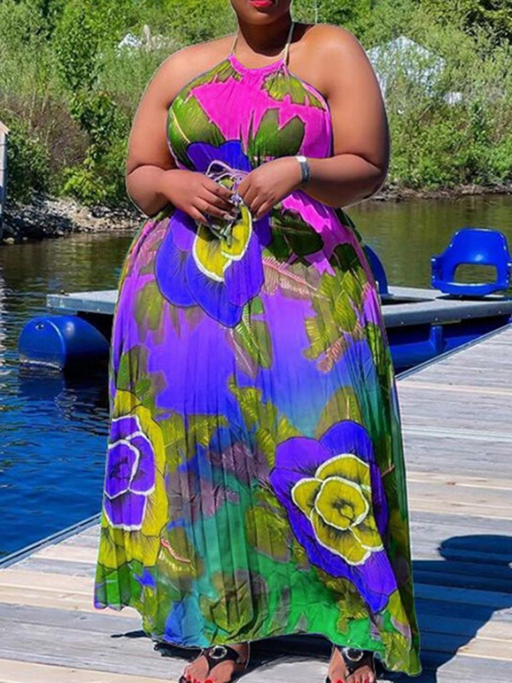 Vestido Estampado Sem Mangas Até O Chão Com Estampa Ocidental Maxi Vestido Plus Size