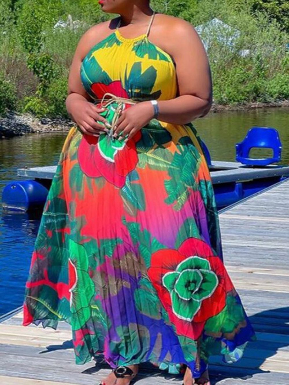 Vestido Estampado Sem Mangas Até O Chão Com Estampa Ocidental Maxi Vestido Plus Size