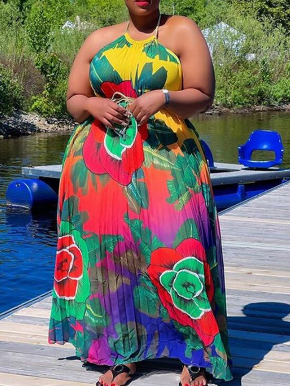 Vestido Estampado Sem Mangas Até O Chão Com Estampa Ocidental Maxi Vestido Plus Size