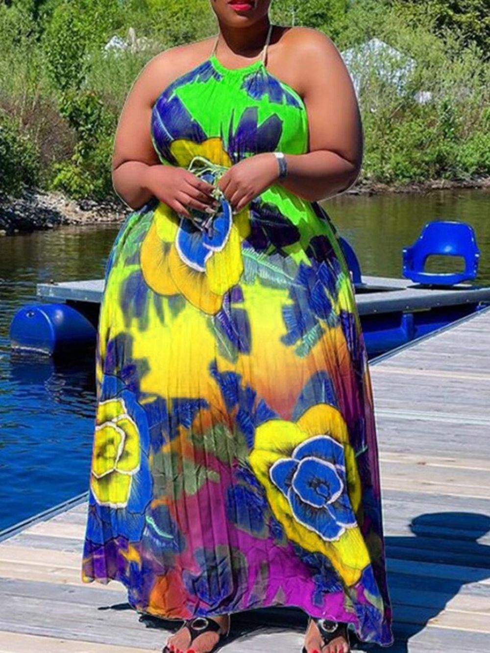 Vestido Estampado Sem Mangas Até O Chão Com Estampa Ocidental Maxi Vestido Plus Size