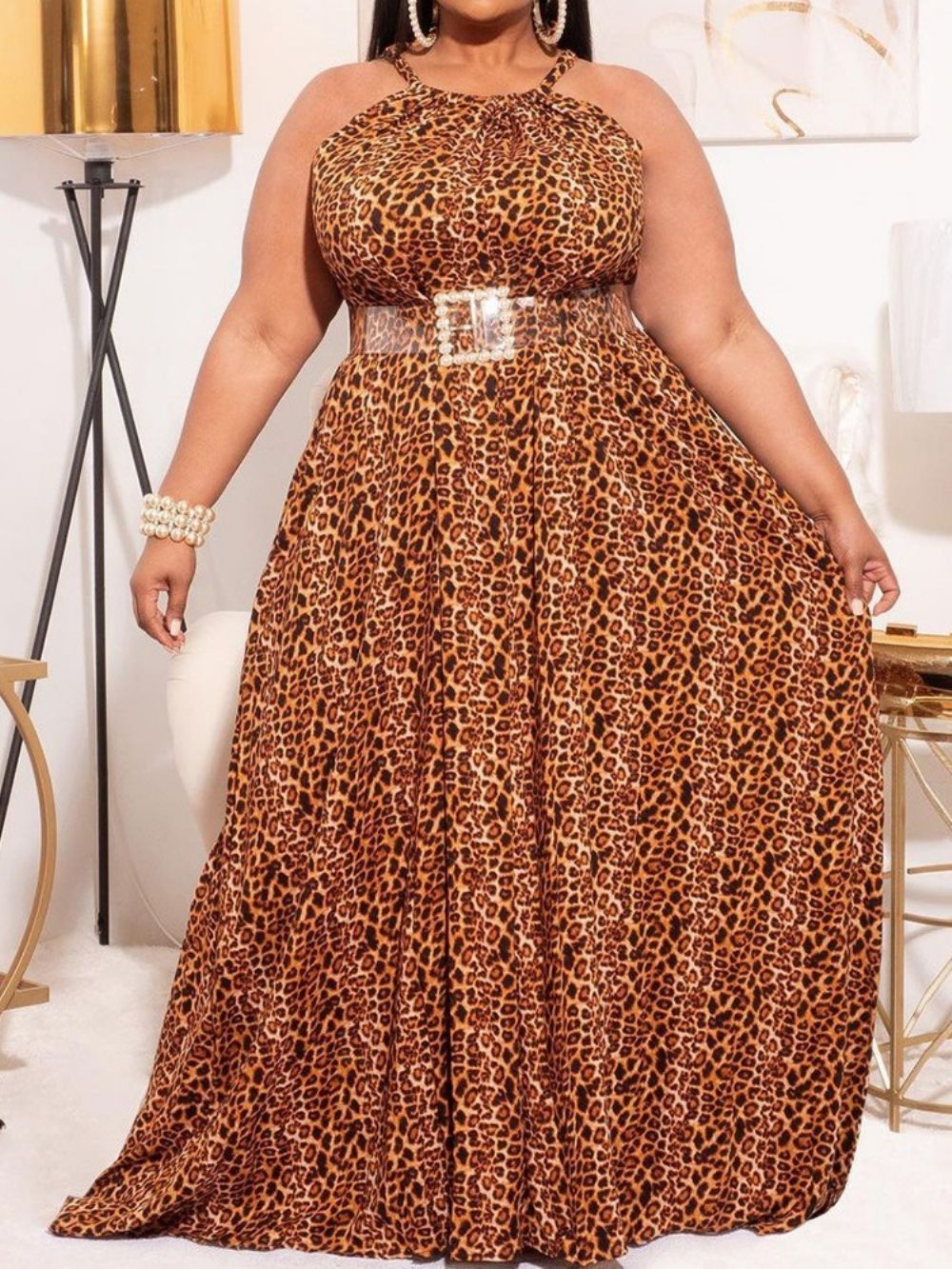 Vestido Fashion Leopardo Sem Mangas Até O Chão Plus Size