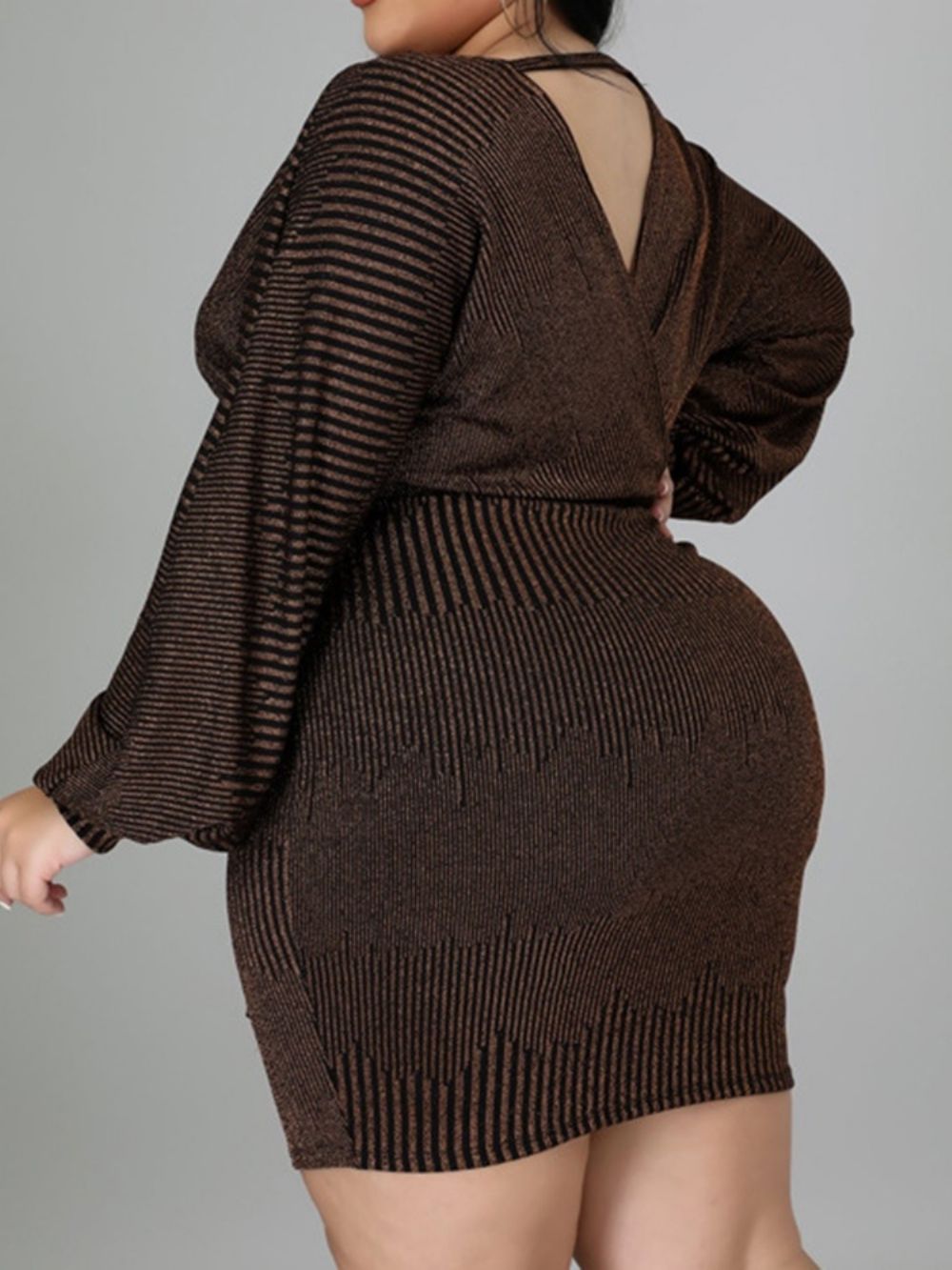 Vestido Fashion Plus Size Manga Longa Acima Do Joelho Com Amarração Bodycon