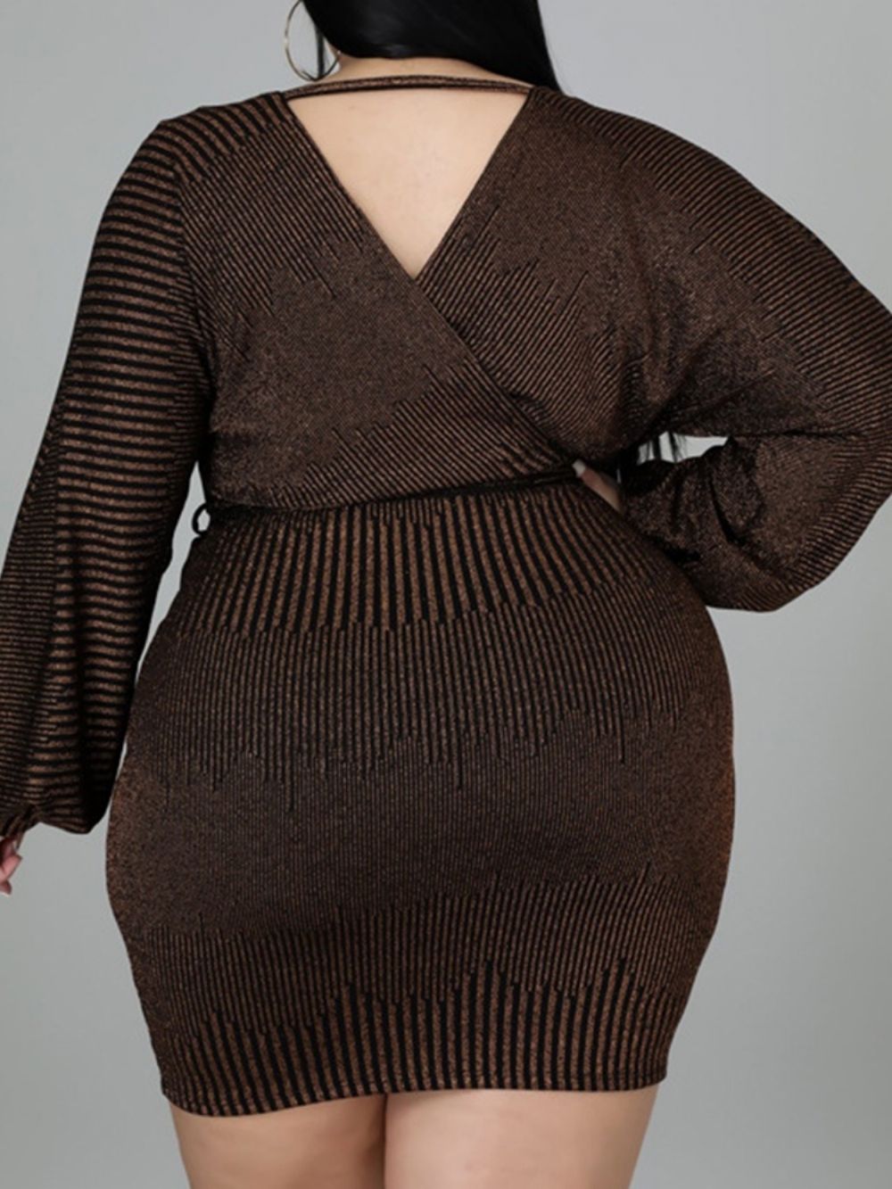 Vestido Fashion Plus Size Manga Longa Acima Do Joelho Com Amarração Bodycon