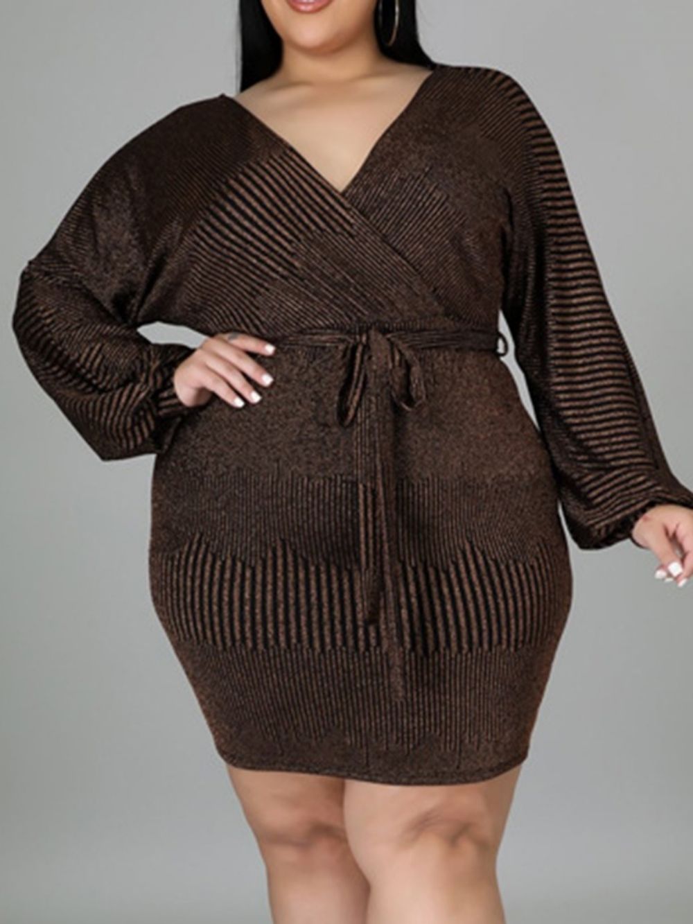 Vestido Fashion Plus Size Manga Longa Acima Do Joelho Com Amarração Bodycon