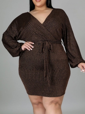 Vestido Fashion Plus Size Manga Longa Acima Do Joelho Com Amarração Bodycon