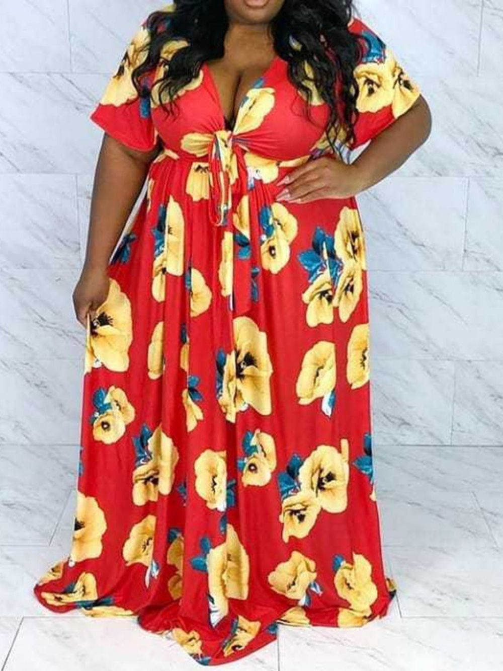 Vestido Feminino Assimétrico Estampado Manga Curta Até O Chão