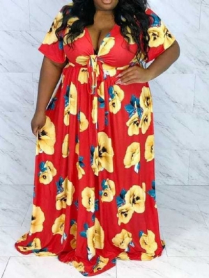 Vestido Feminino Assimétrico Estampado Manga Curta Até O Chão