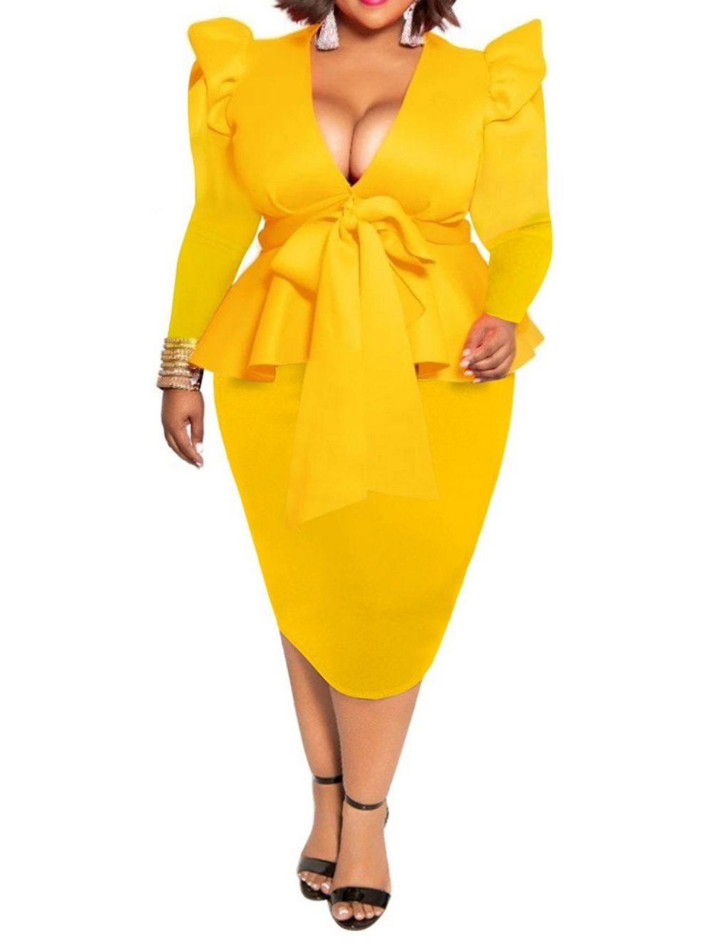 Vestido Feminino De Cintura Alta Com Decote Em V E Manga Longa Plus Size