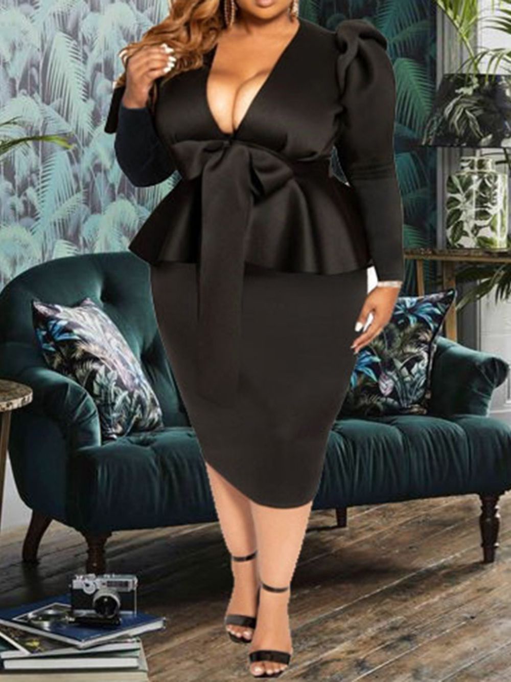 Vestido Feminino De Cintura Alta Com Decote Em V E Manga Longa Plus Size