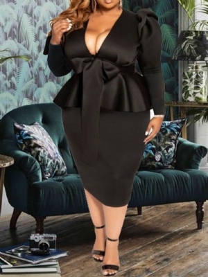 Vestido Feminino De Cintura Alta Com Decote Em V E Manga Longa Plus Size