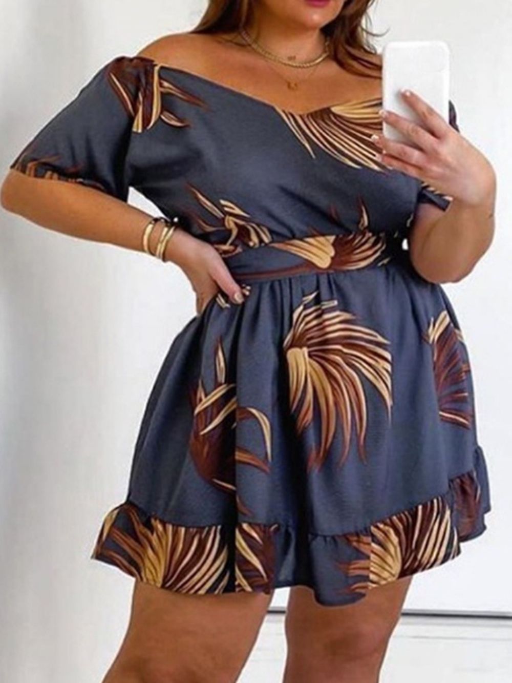 Vestido Feminino Com Estampa De Meia Manga Acima Do Joelho Cintura Alta