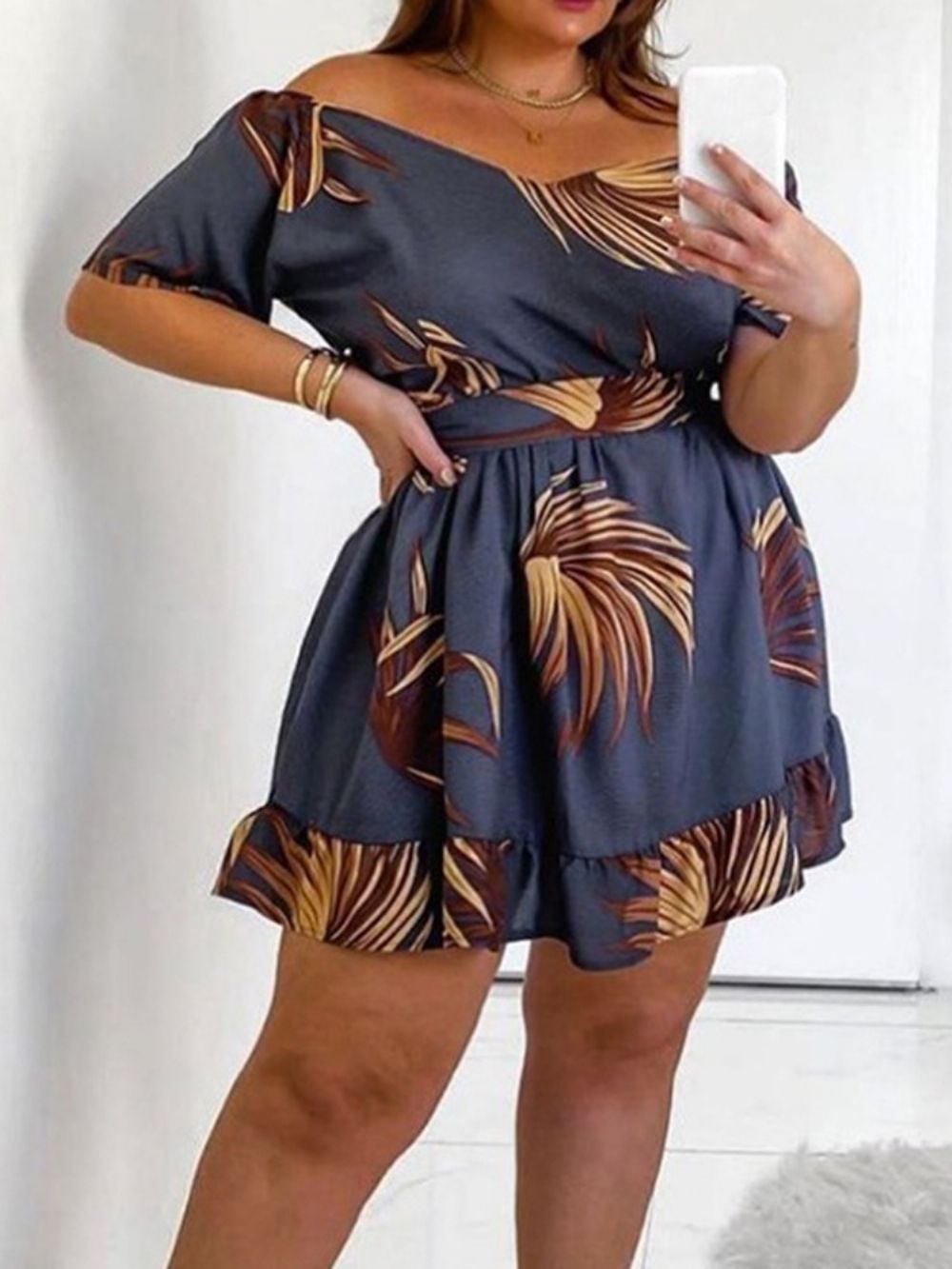 Vestido Feminino Com Estampa De Meia Manga Acima Do Joelho Cintura Alta