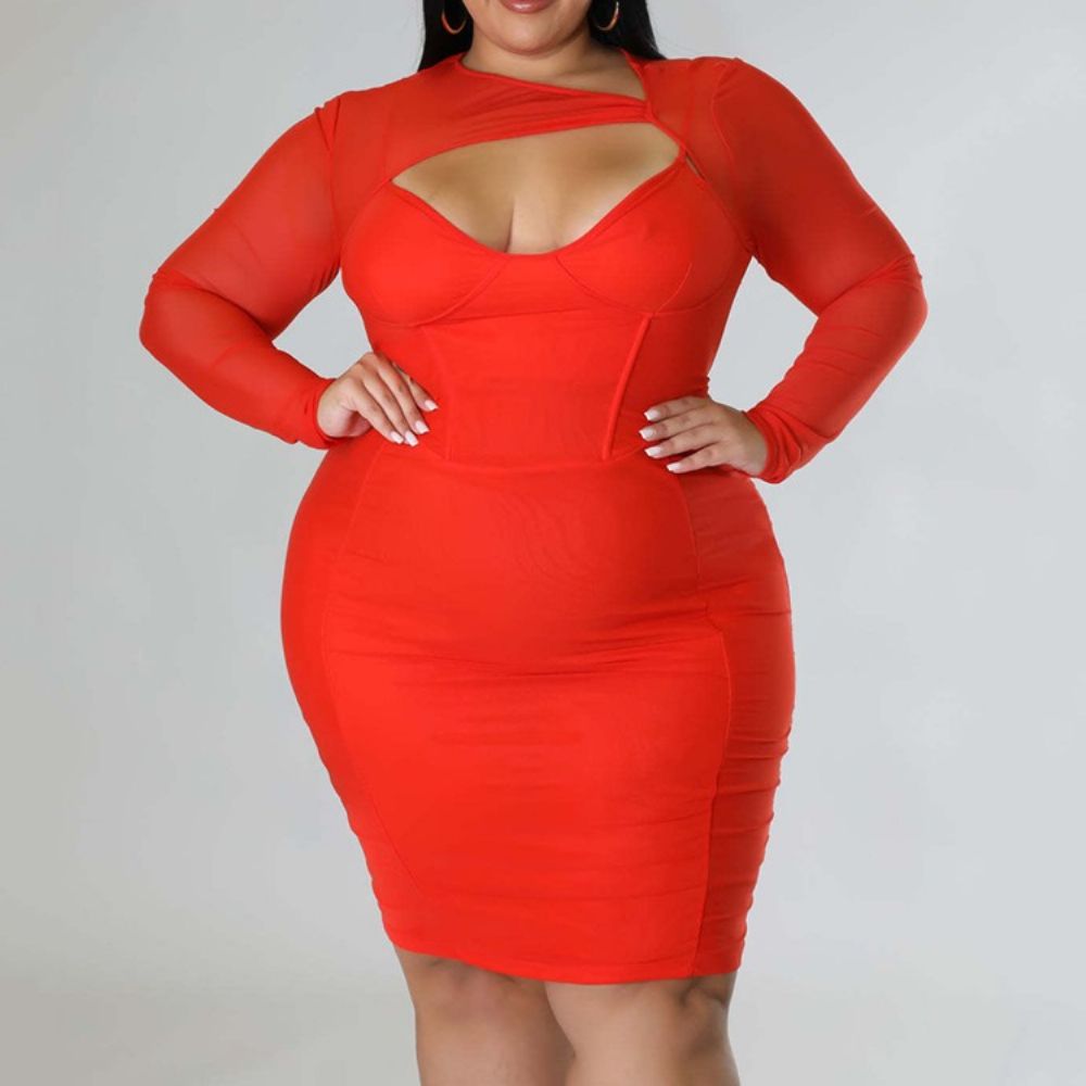 Vestido Feminino De Escritório Liso Manga Longa Plus Size Na Altura Do Joelho