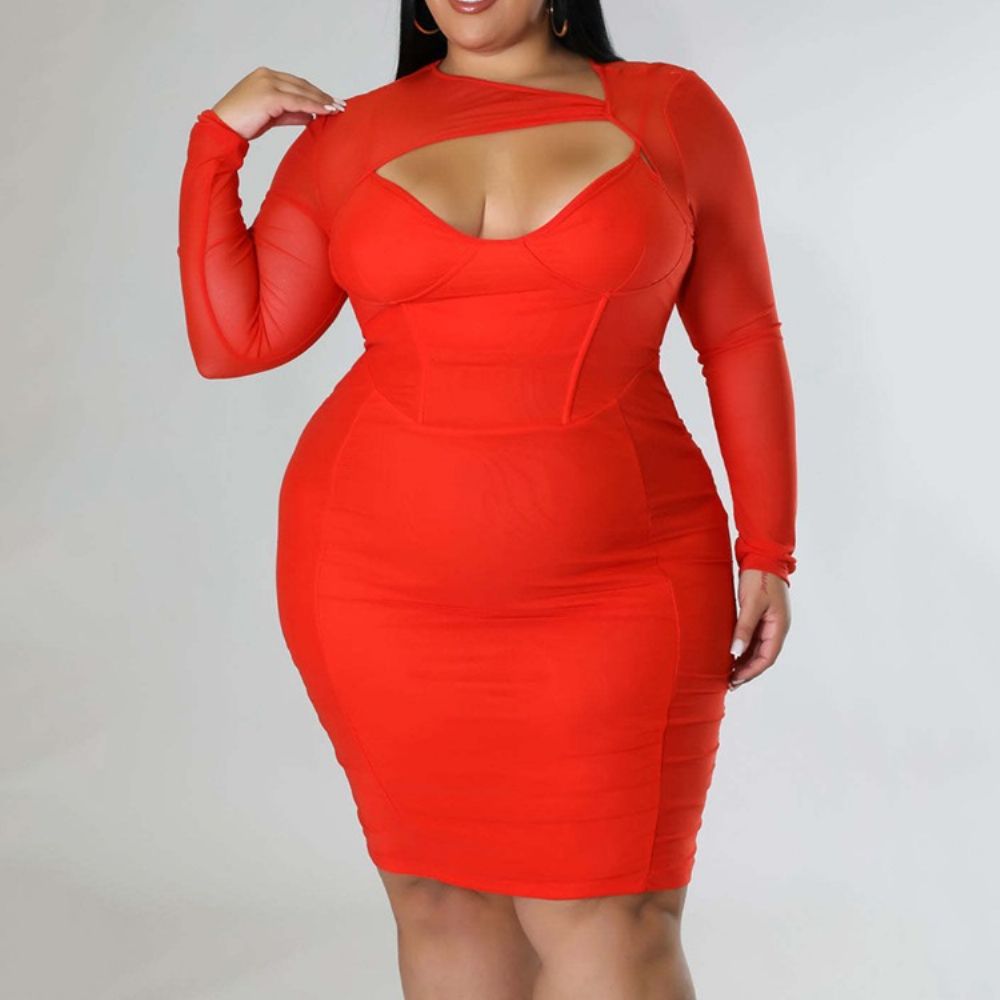 Vestido Feminino De Escritório Liso Manga Longa Plus Size Na Altura Do Joelho