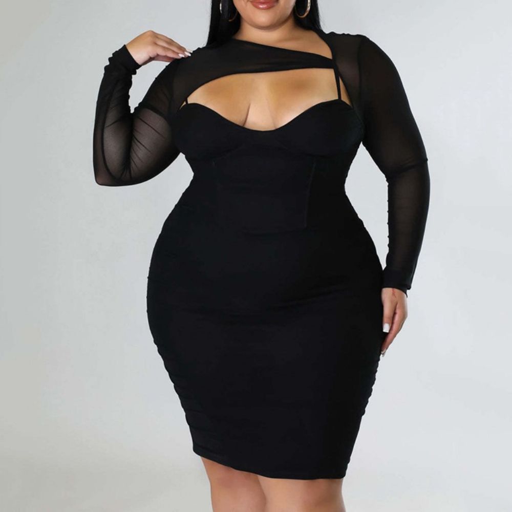 Vestido Feminino De Escritório Liso Manga Longa Plus Size Na Altura Do Joelho