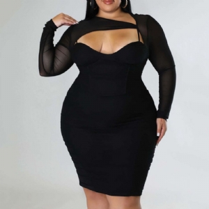 Vestido Feminino De Escritório Liso Manga Longa Plus Size Na Altura Do Joelho