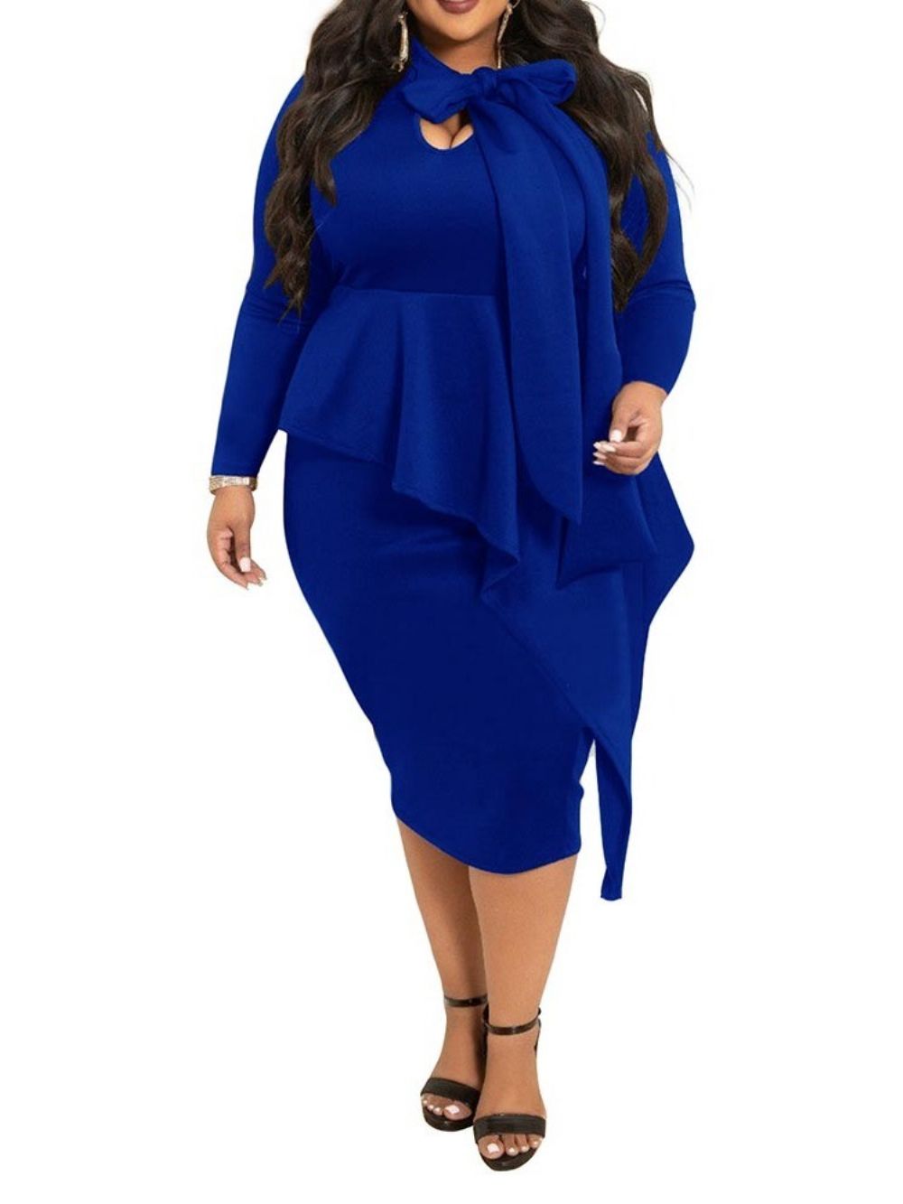 Vestido Feminino Liso Plus Size Falbala Manga Longa E Meia Panturrilha