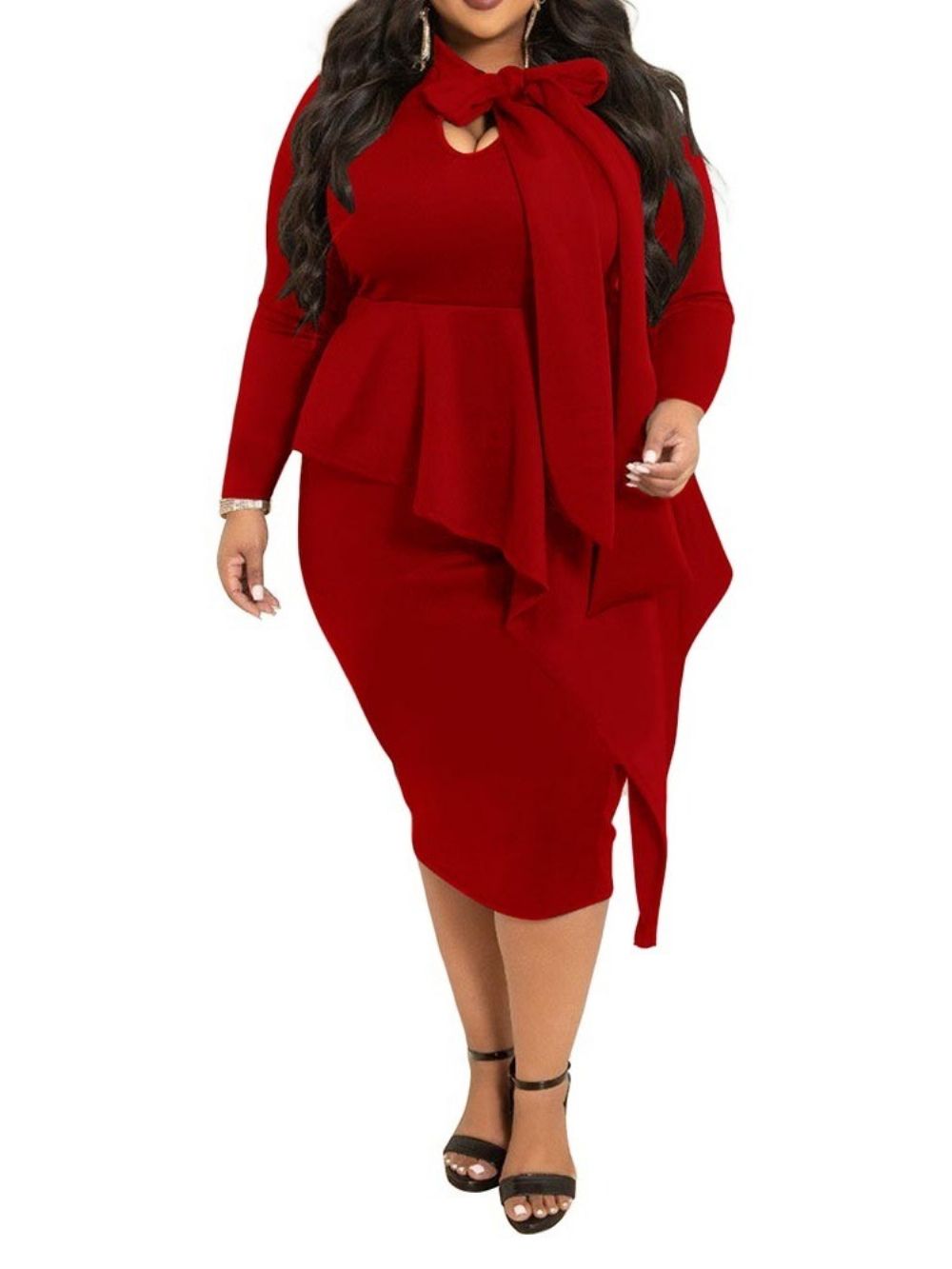 Vestido Feminino Liso Plus Size Falbala Manga Longa E Meia Panturrilha