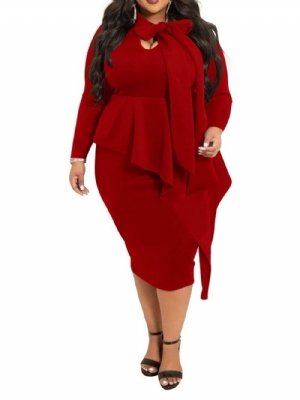 Vestido Feminino Liso Plus Size Falbala Manga Longa E Meia Panturrilha