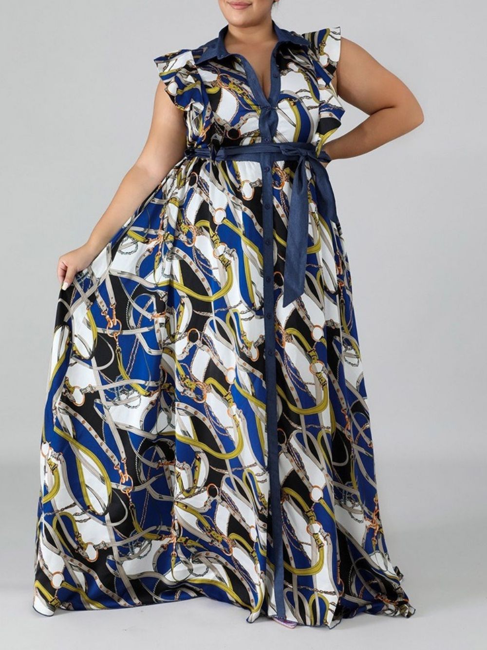 Vestido Feminino Plus Size Com Lapela E Manga Curta Cintura Alta Para Escritório