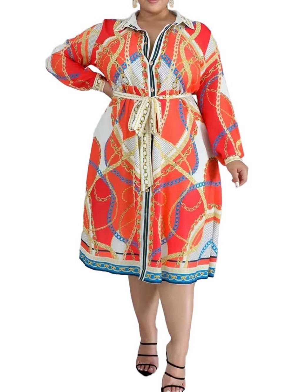 Vestido Geométrico De Cintura Alta Com Estampa De Manga Longa Plus Size