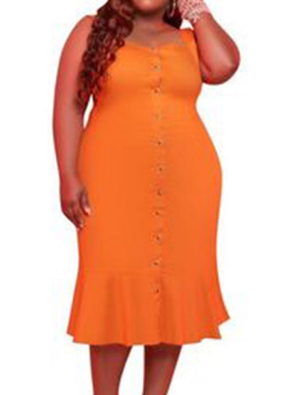 Vestido De Gola Quadrada Sem Manga Com Botão E Liso Plus Size