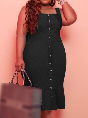 Vestido De Gola Quadrada Sem Manga Com Botão E Liso Plus Size