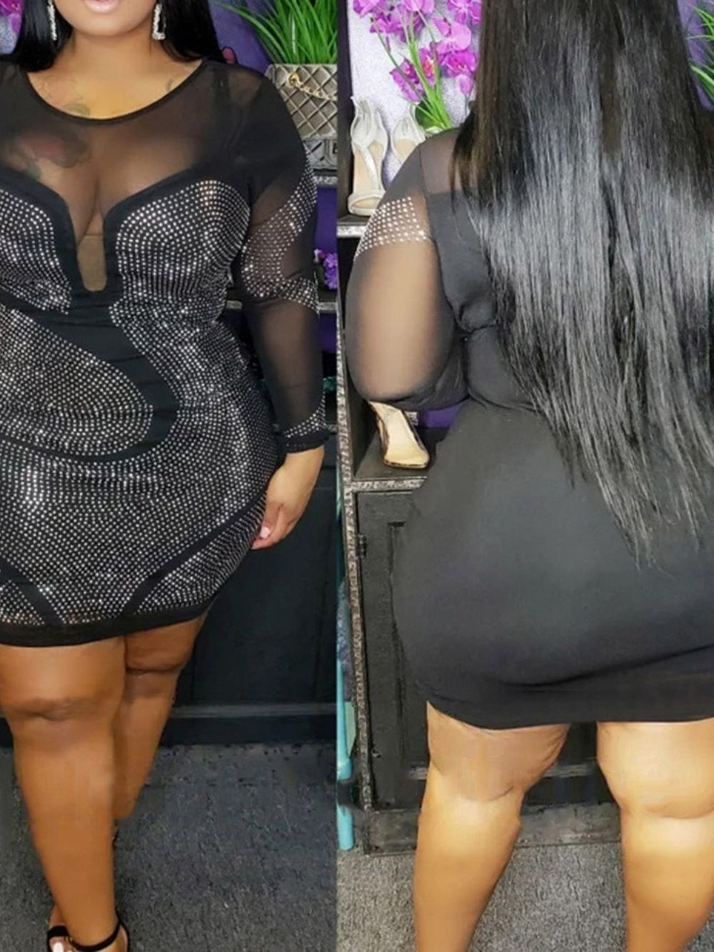 Vestido De Gola Redonda Manga Longa Acima Do Joelho Pulôver Liso Bodycon Plus Size