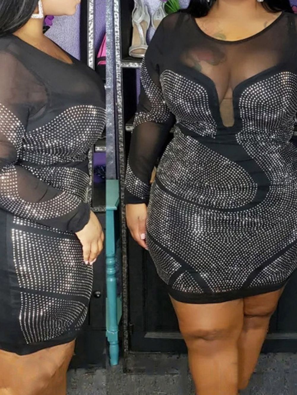 Vestido De Gola Redonda Manga Longa Acima Do Joelho Pulôver Liso Bodycon Plus Size