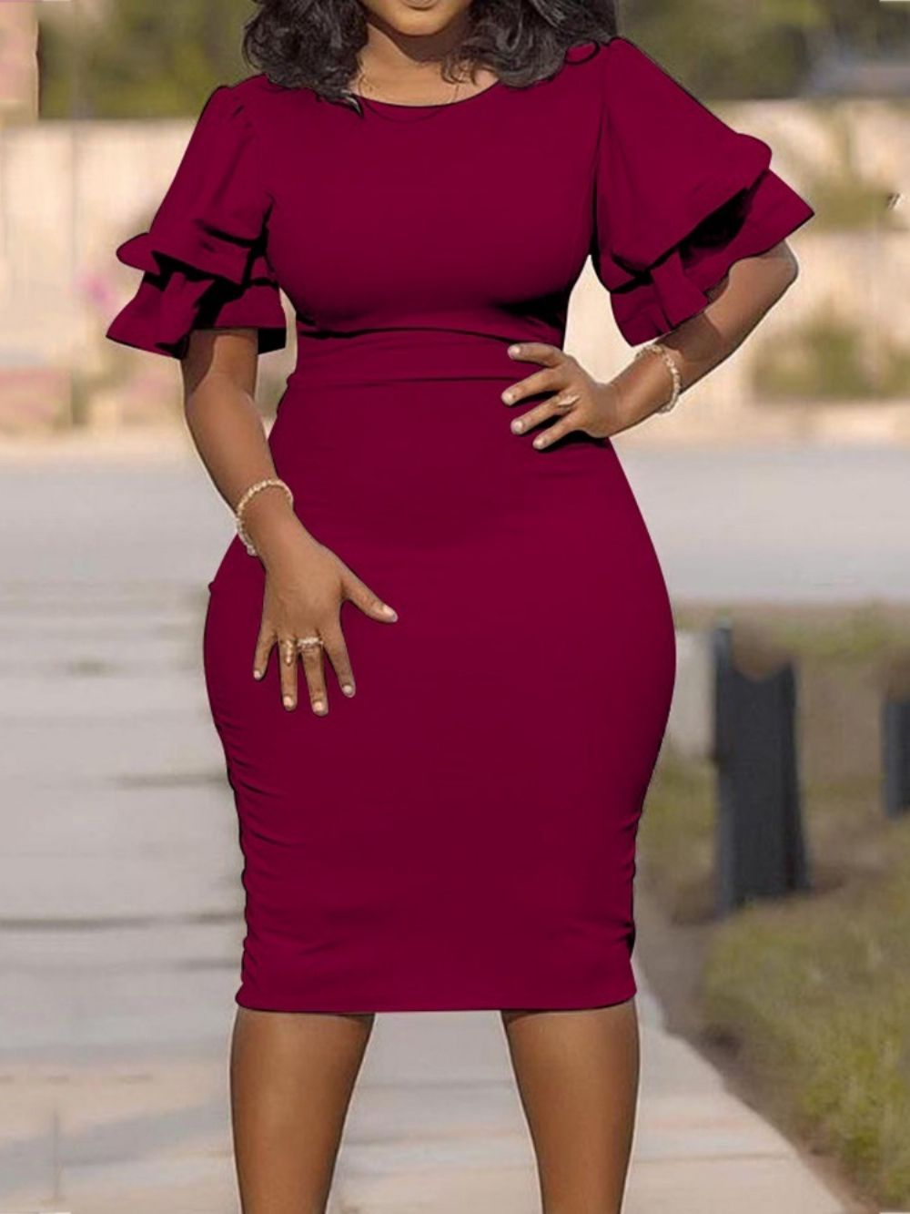 Vestido De Gola Redonda Manga Plissado Plus Size Único Bodycon