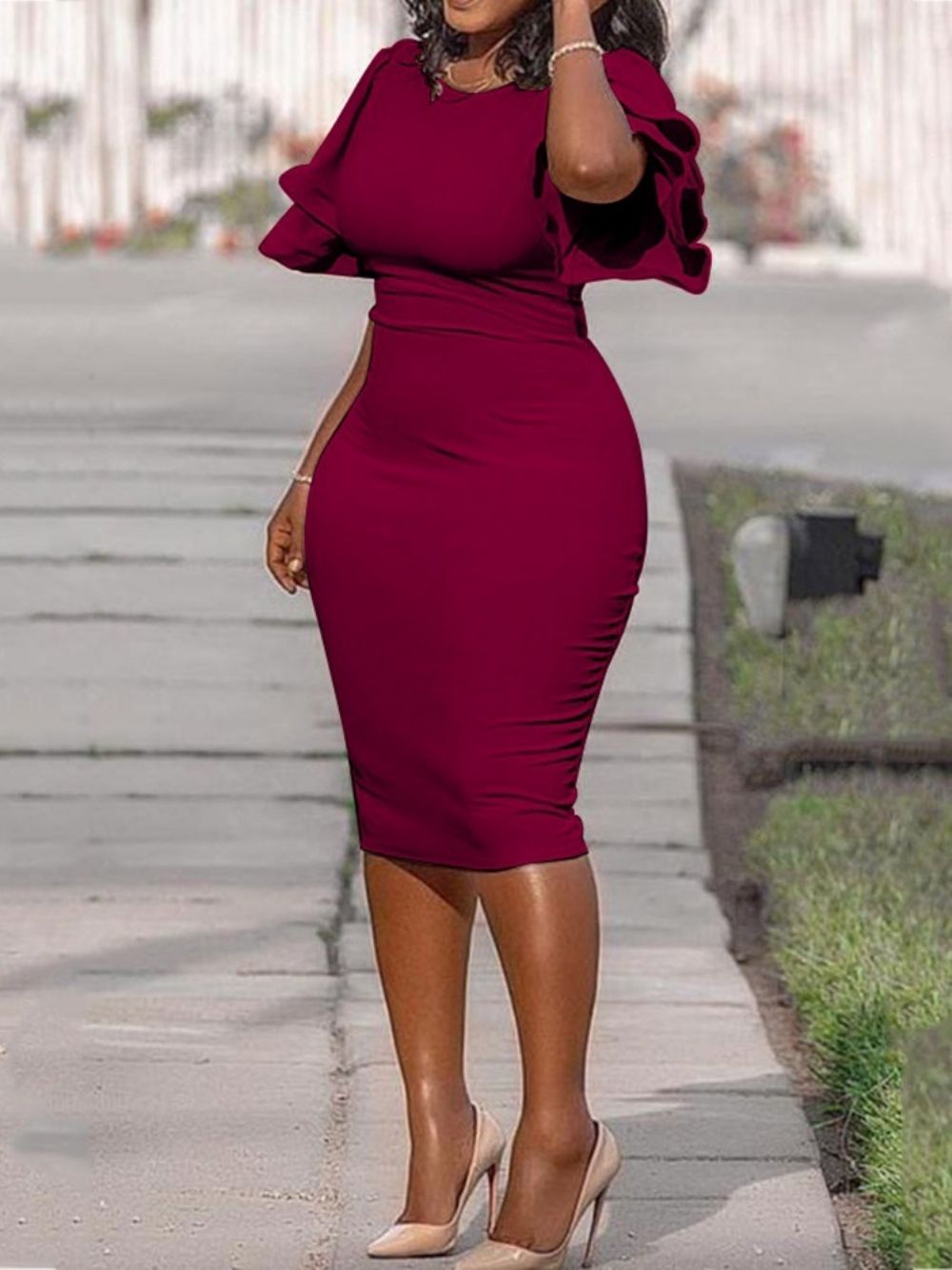 Vestido De Gola Redonda Manga Plissado Plus Size Único Bodycon