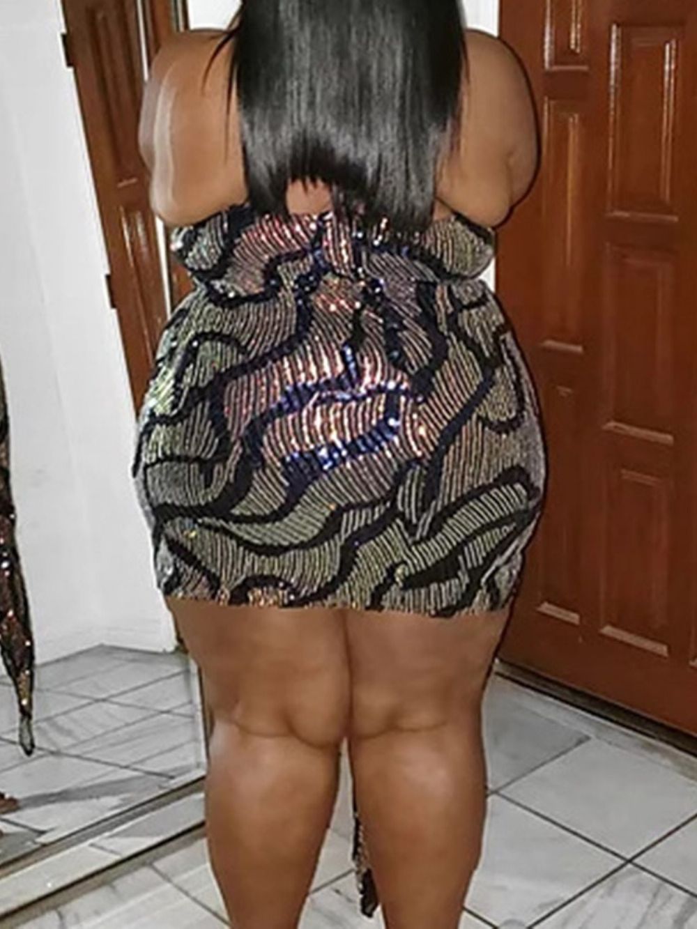 Vestido De Lantejoulas Acima Do Joelho Sem Manga Ocidental Bodycon Plus Size