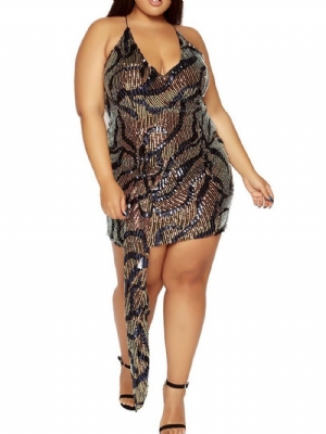 Vestido De Lantejoulas Acima Do Joelho Sem Manga Ocidental Bodycon Plus Size