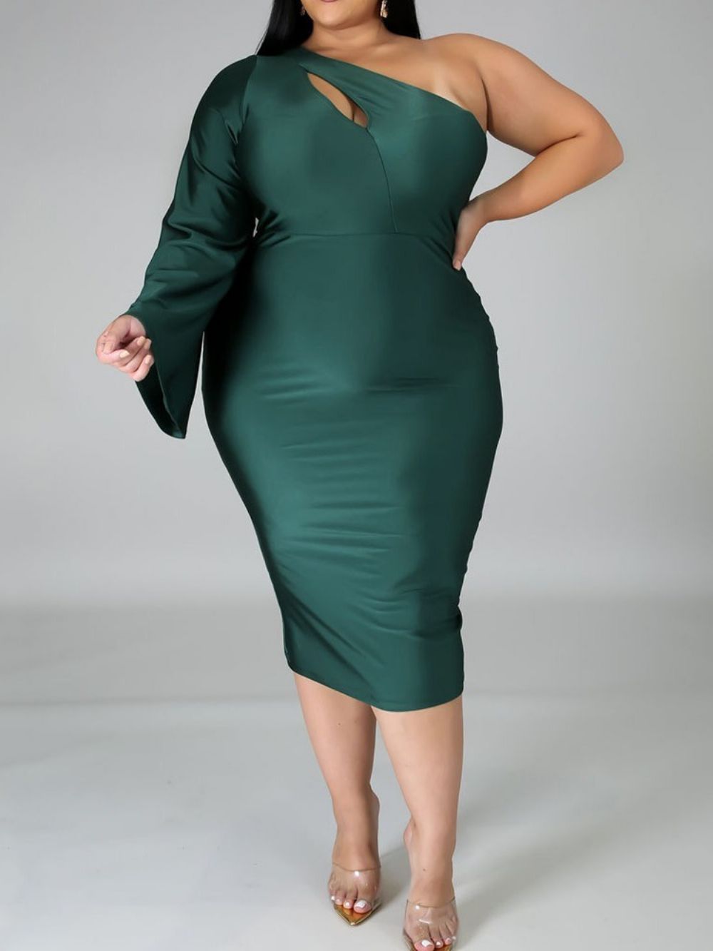 Vestido Liso Assimétrico Com Gola Oblíqua Tamanho Médio Da Panturrilha Plus Size