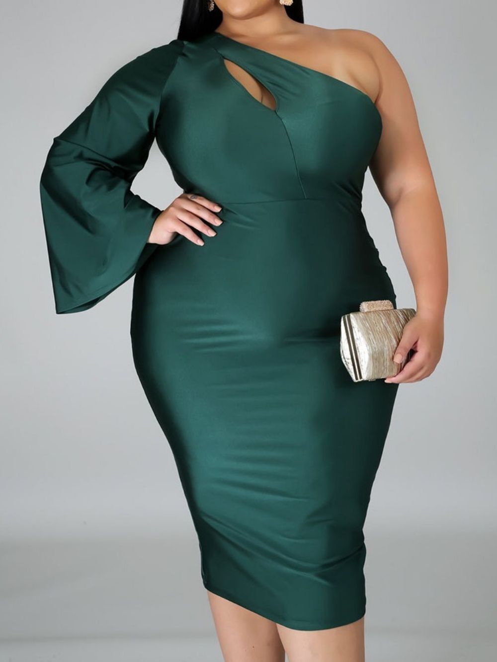 Vestido Liso Assimétrico Com Gola Oblíqua Tamanho Médio Da Panturrilha Plus Size