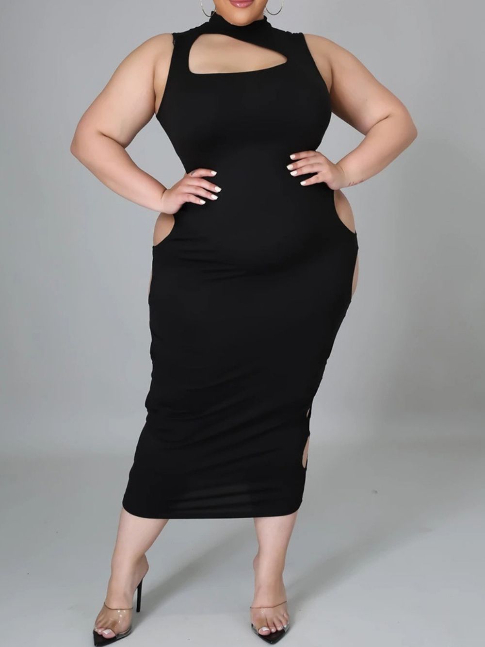 Vestido Liso Sem Mangas Até A Panturrilha Oco Plus Size